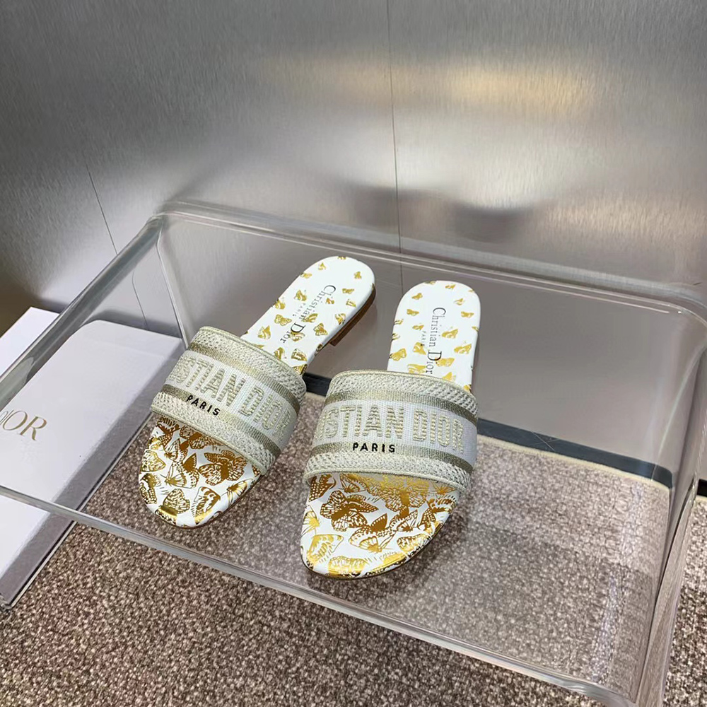 Christian Dior Dway Slide White And Gold-Tone Gradient Butterflies Embroidered