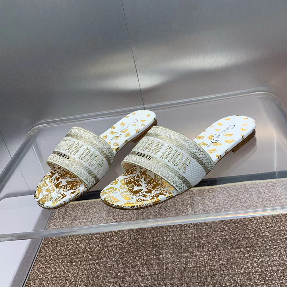 Christian Dior Dway Slide White And Gold-Tone Gradient Butterflies Embroidered