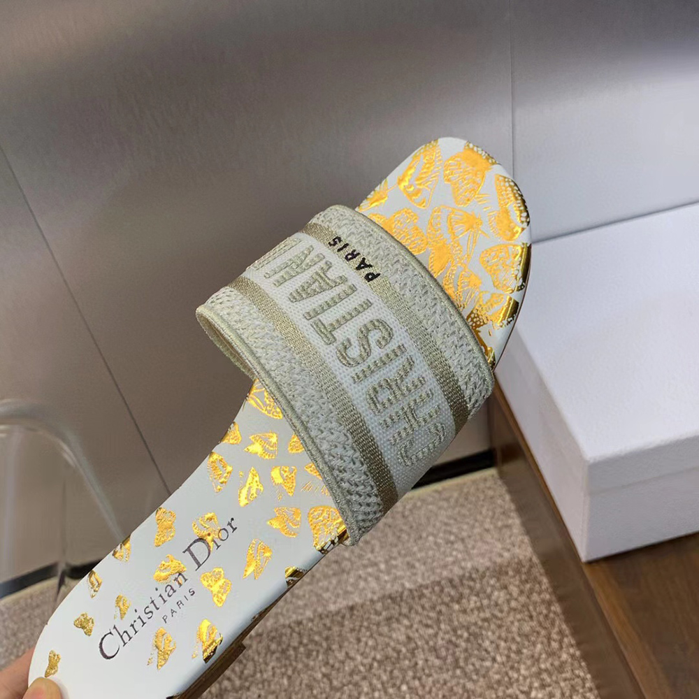 Christian Dior Dway Slide White And Gold-Tone Gradient Butterflies Embroidered