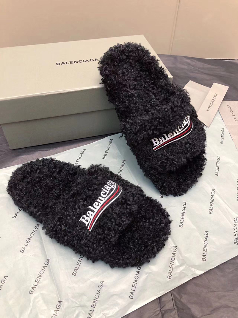 Balenciaga FURRY SLIDE SANDAL IN BLACK