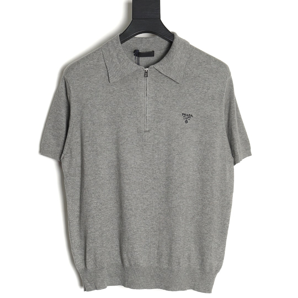 Prada Small LOGO Half-zip Wool Knit Short Sleeve Polo Shirt TSK1