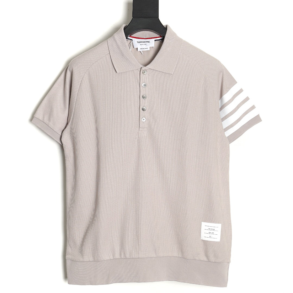 Thom Browne Water Ripple Four-Bar Pressed Leather Short-Sleeved POLO Shirt TSK1