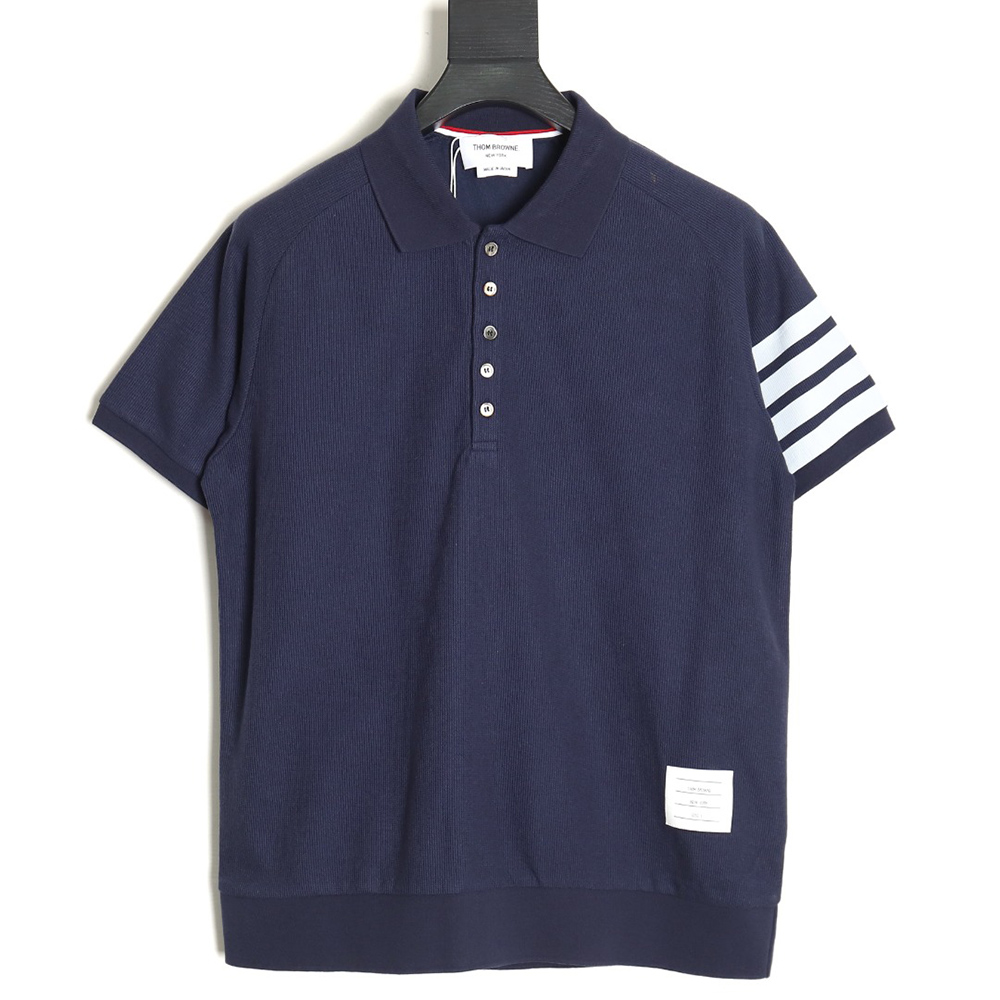 Thom Browne Water Ripple Four-Bar Pressed Leather Short-Sleeved POLO Shirt TSK2