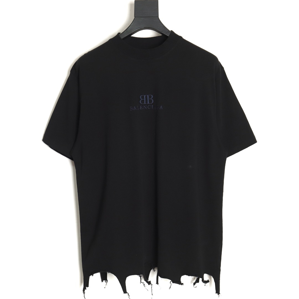 Balenciaga 24ss embroidered double B destroyed tassel short sleeves