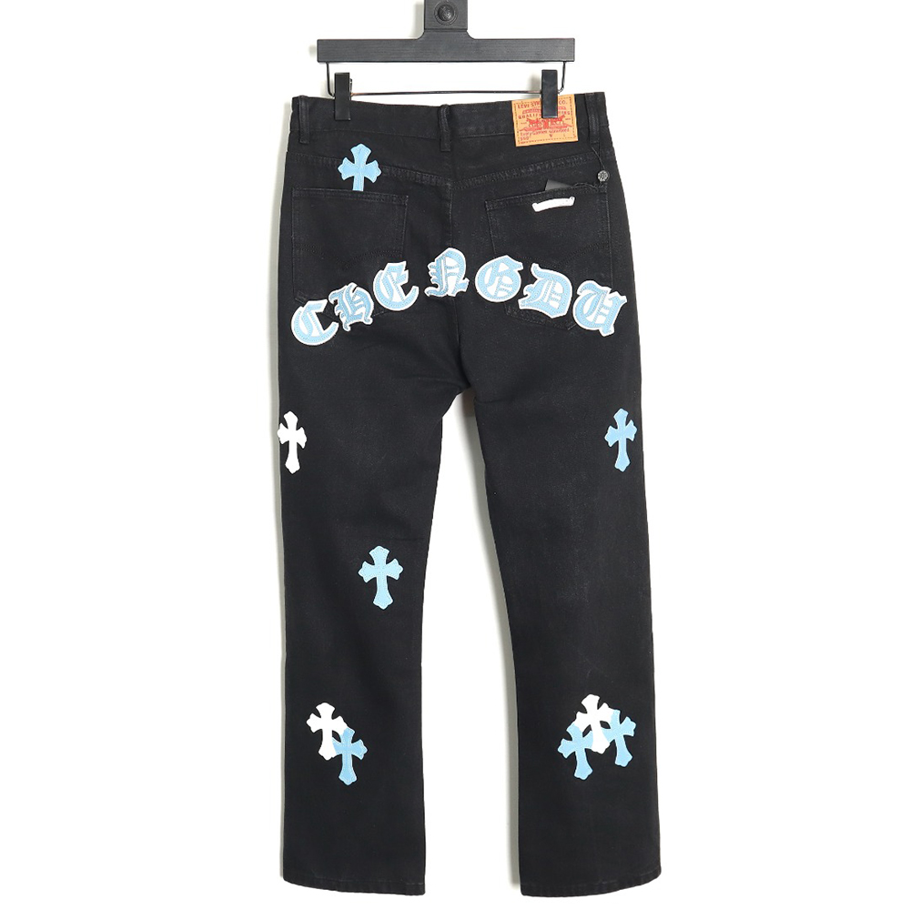 Chrome Hearts Sanskrit cross patch leather jeans