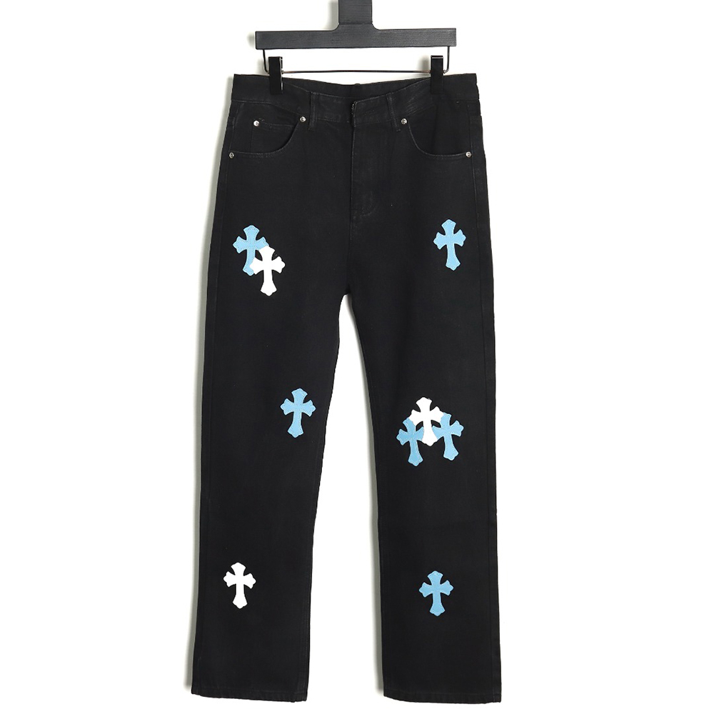 Chrome Hearts Sanskrit cross patch leather jeans