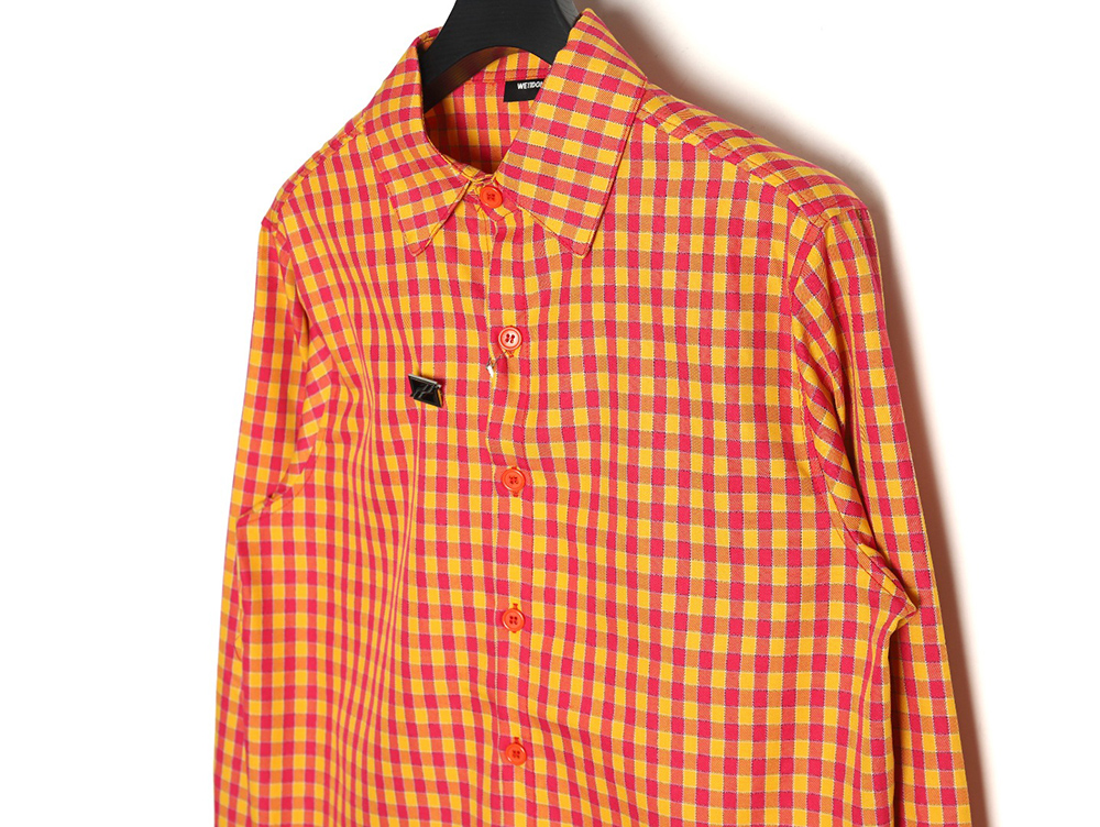 WE11 DONE Vintage Leather Badge Yellow Plaid Long Sleeve Shirt