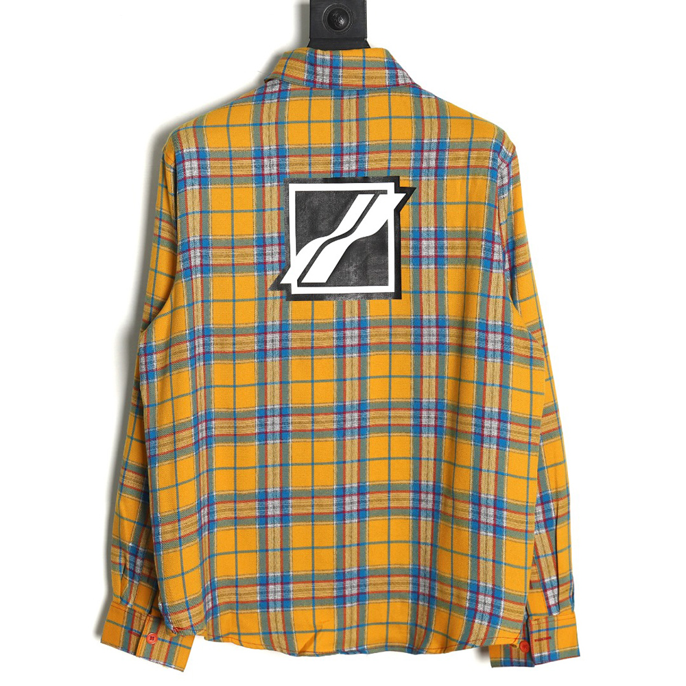 WE11 DONE Vintage Leather Badge Yellow Plaid Long Sleeve Shirt TSK1