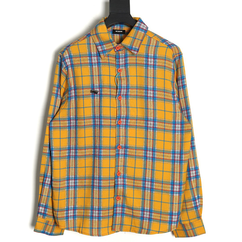 WE11 DONE Vintage Leather Badge Yellow Plaid Long Sleeve Shirt TSK1