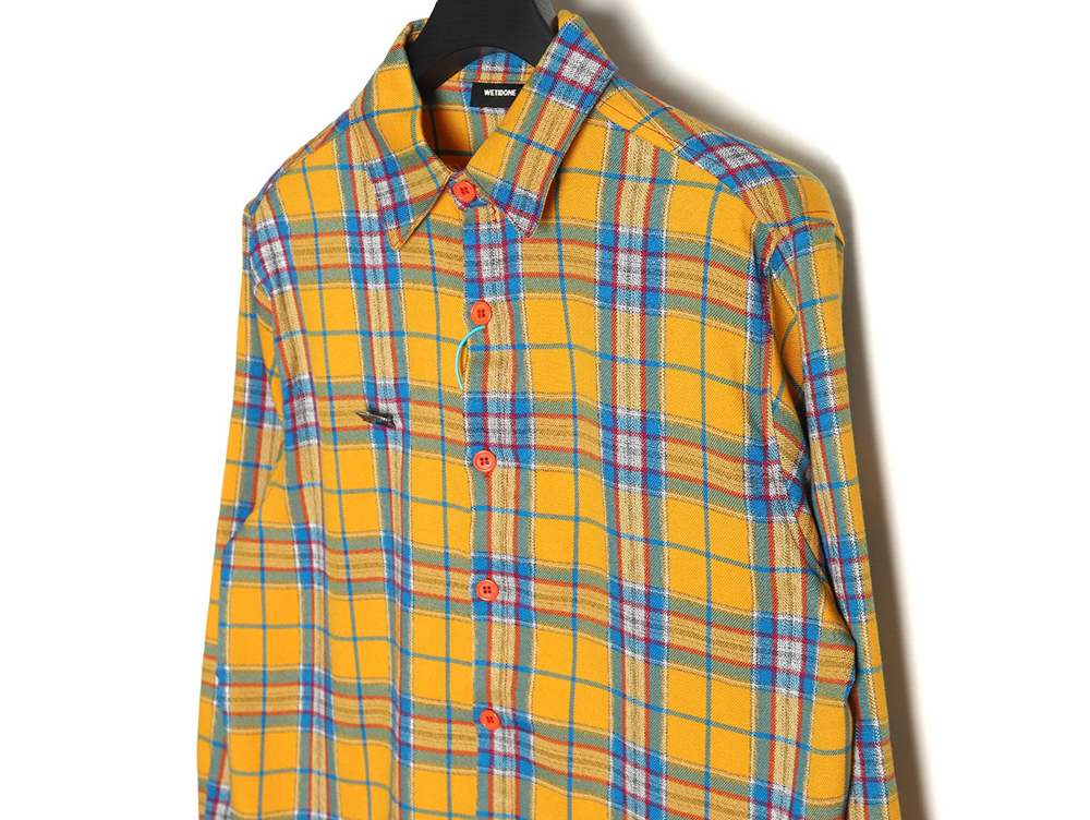 WE11 DONE Vintage Leather Badge Yellow Plaid Long Sleeve Shirt TSK1