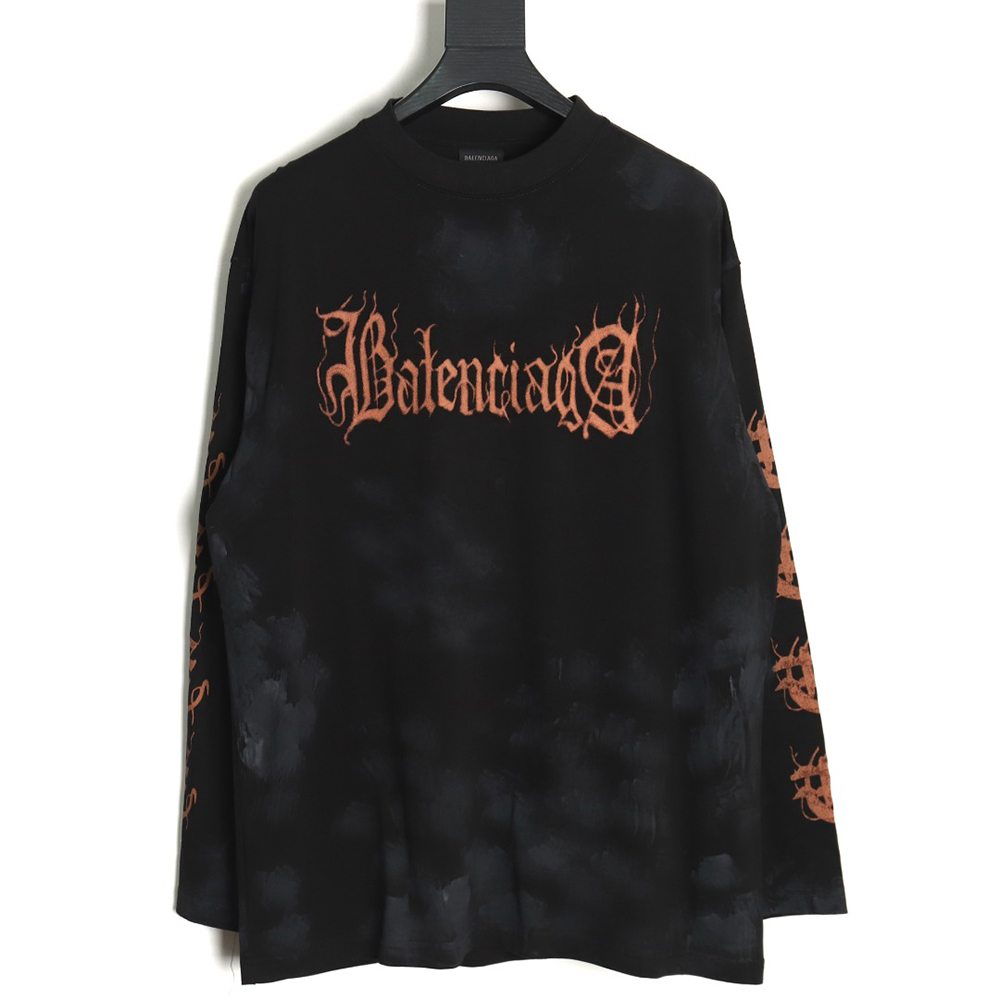 Balenciaga mud-dyed distressed metal Sanskrit long-sleeved T-shirt