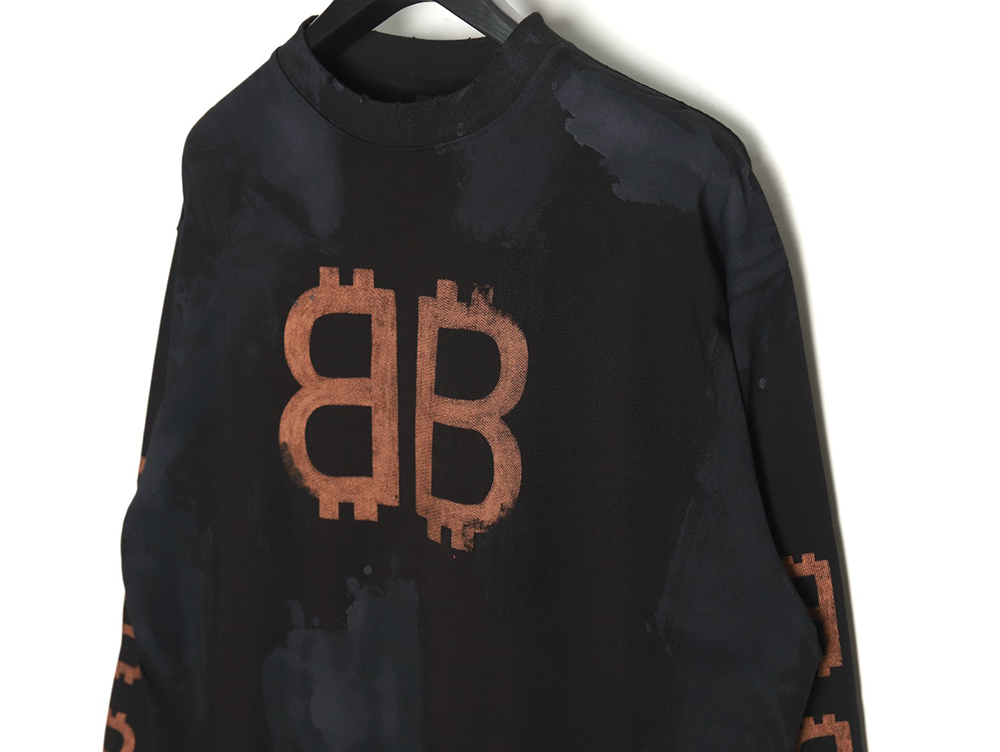 Balenciaga Double B washed hand-painted distressed Bitcoin long-sleeved T-shirt