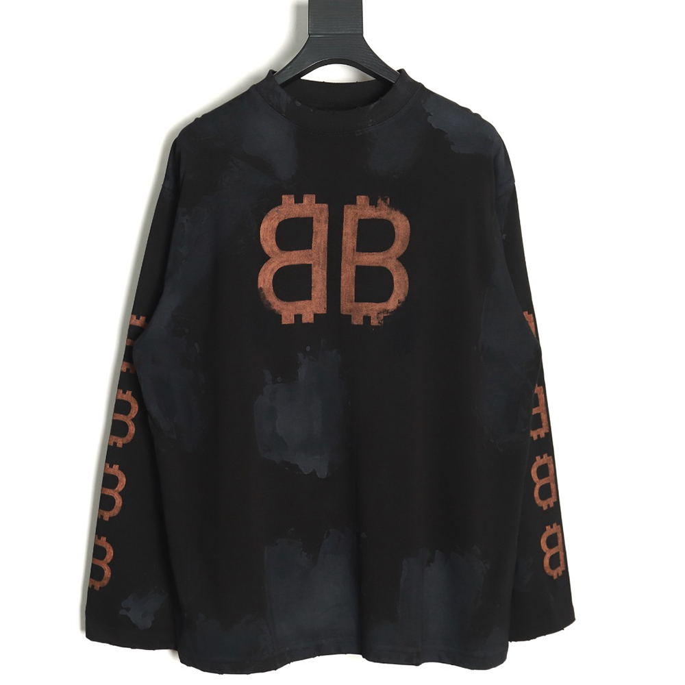 Balenciaga Double B washed hand-painted distressed Bitcoin long-sleeved T-shirt