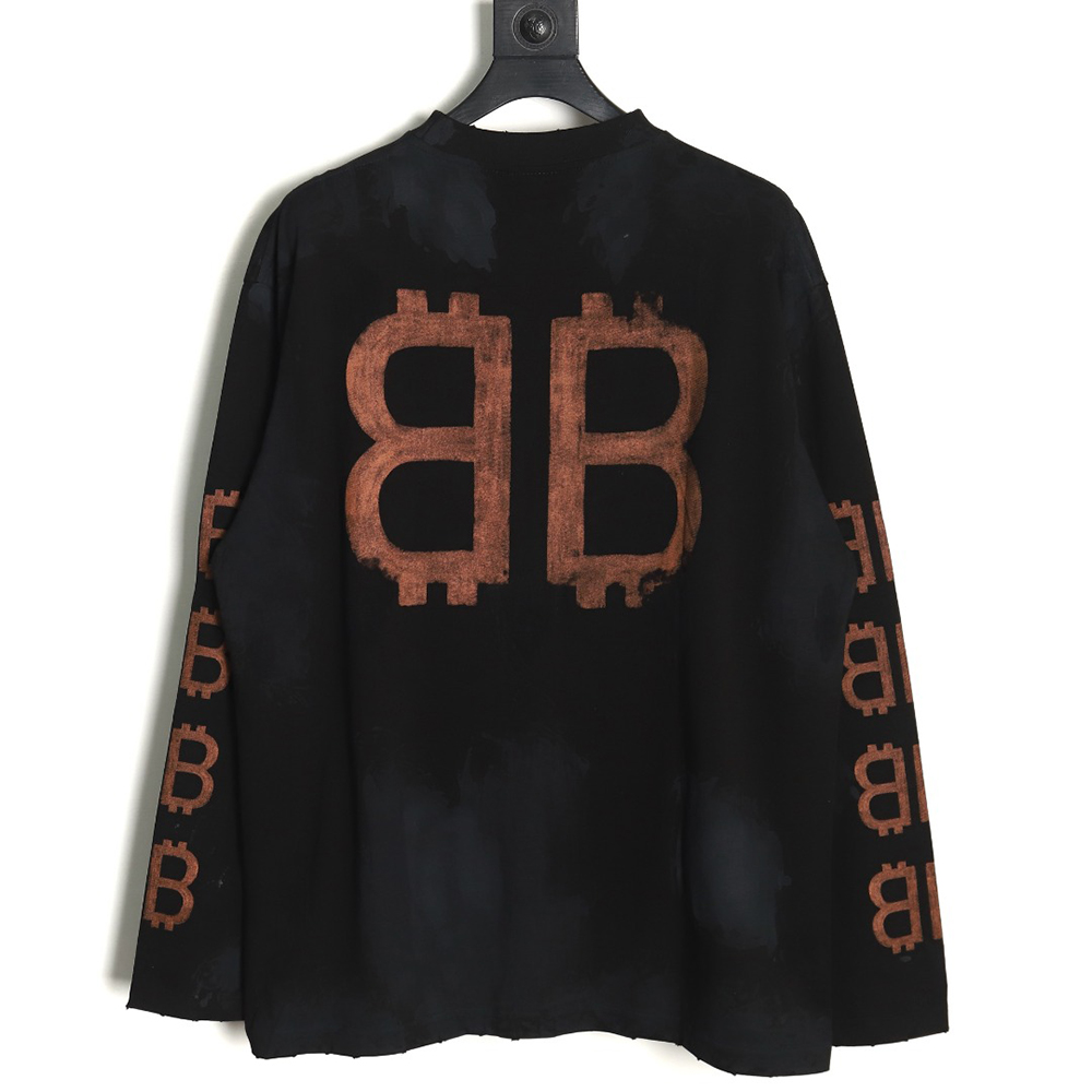 Balenciaga Double B washed hand-painted distressed Bitcoin long-sleeved T-shirt