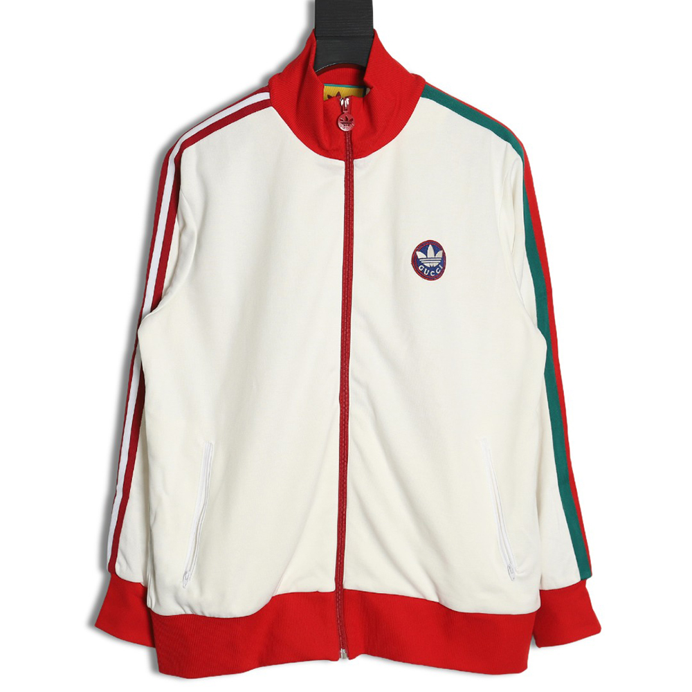 GUCCI & ADIDAS joint white and red color matching ribbon zipper jacket