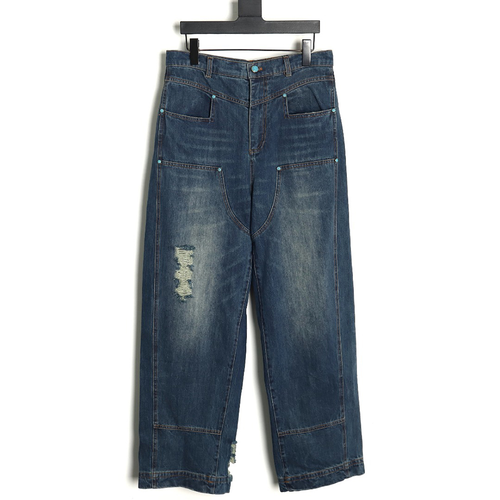 Louis Vuitton Enamel Button Washed Distressed Cargo Jeans