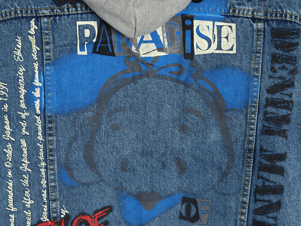 Evisu graffiti print hooded denim jacket