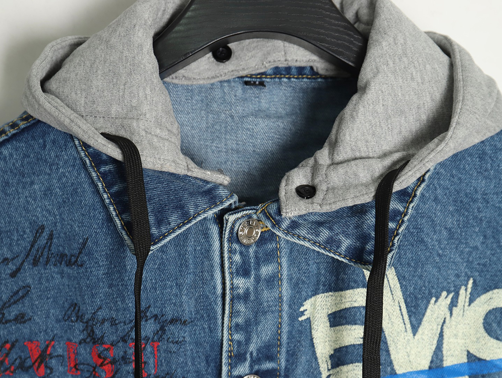 Evisu graffiti print hooded denim jacket