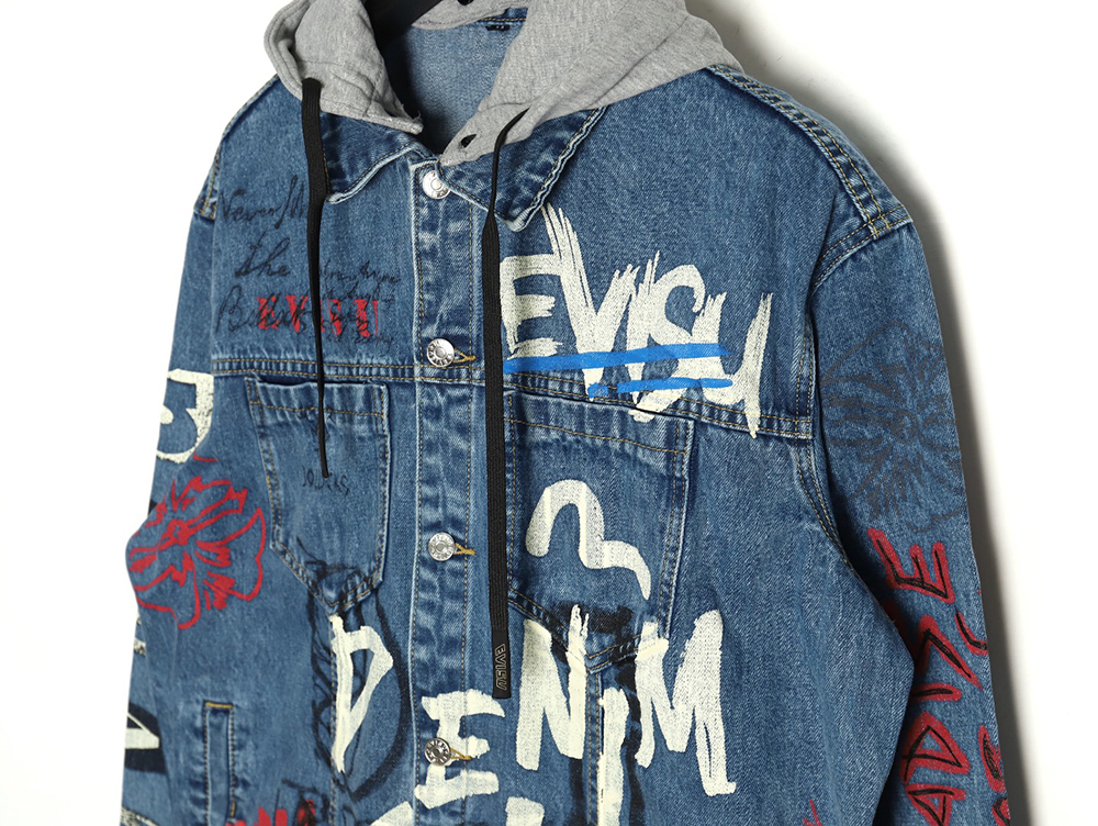 Evisu graffiti print hooded denim jacket