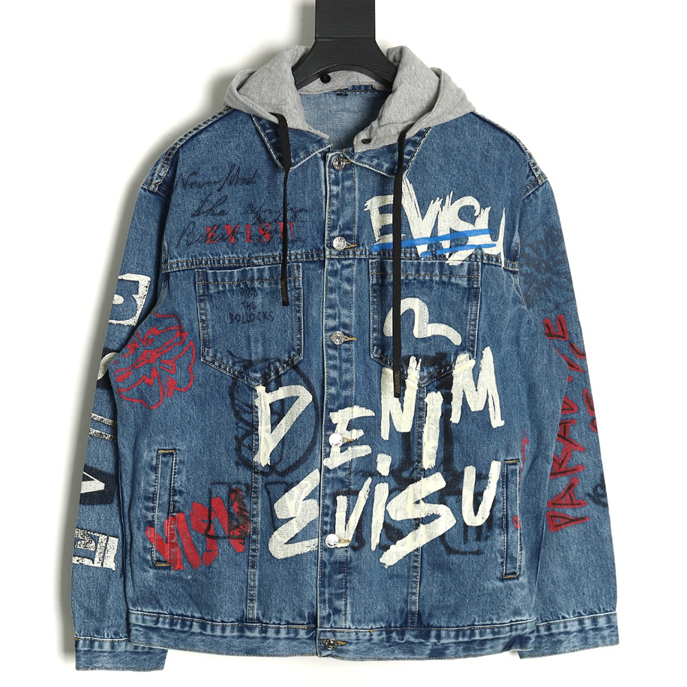 Evisu graffiti print hooded denim jacket