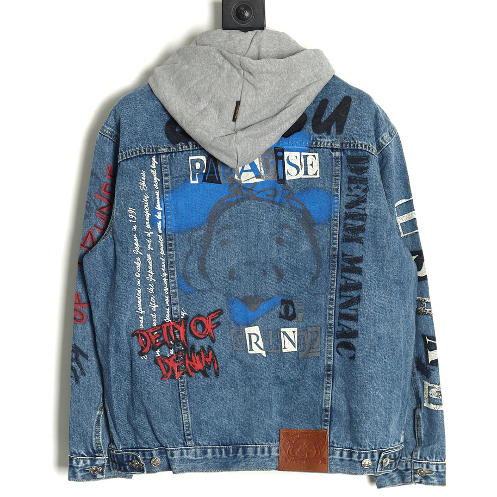 Evisu graffiti print hooded denim jacket