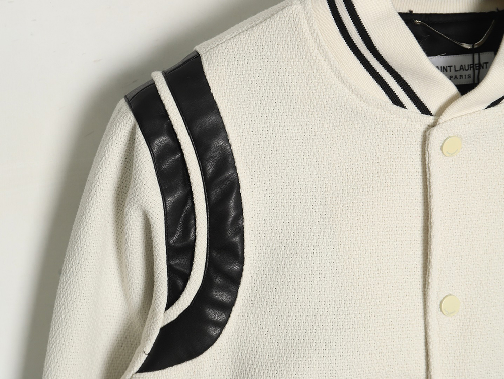 Saint Laurent Paris black and white leather baseball collar jacket