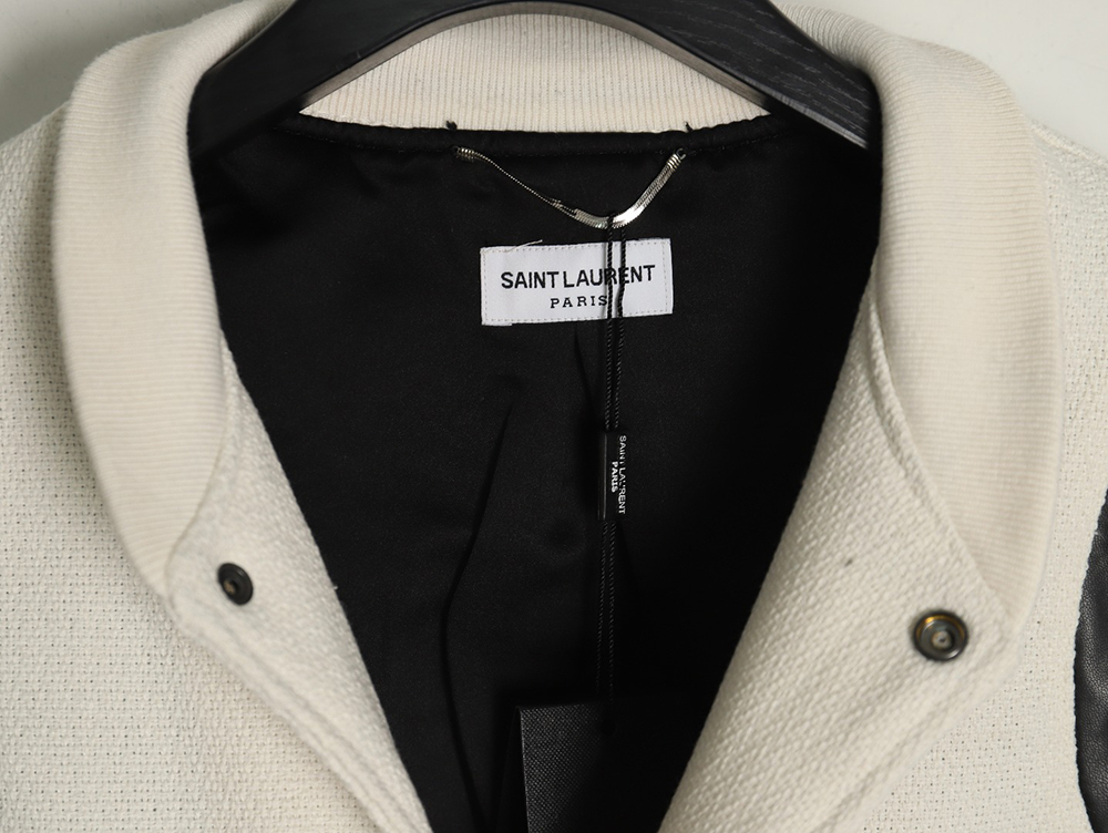 Saint Laurent Paris black and white leather baseball collar jacket