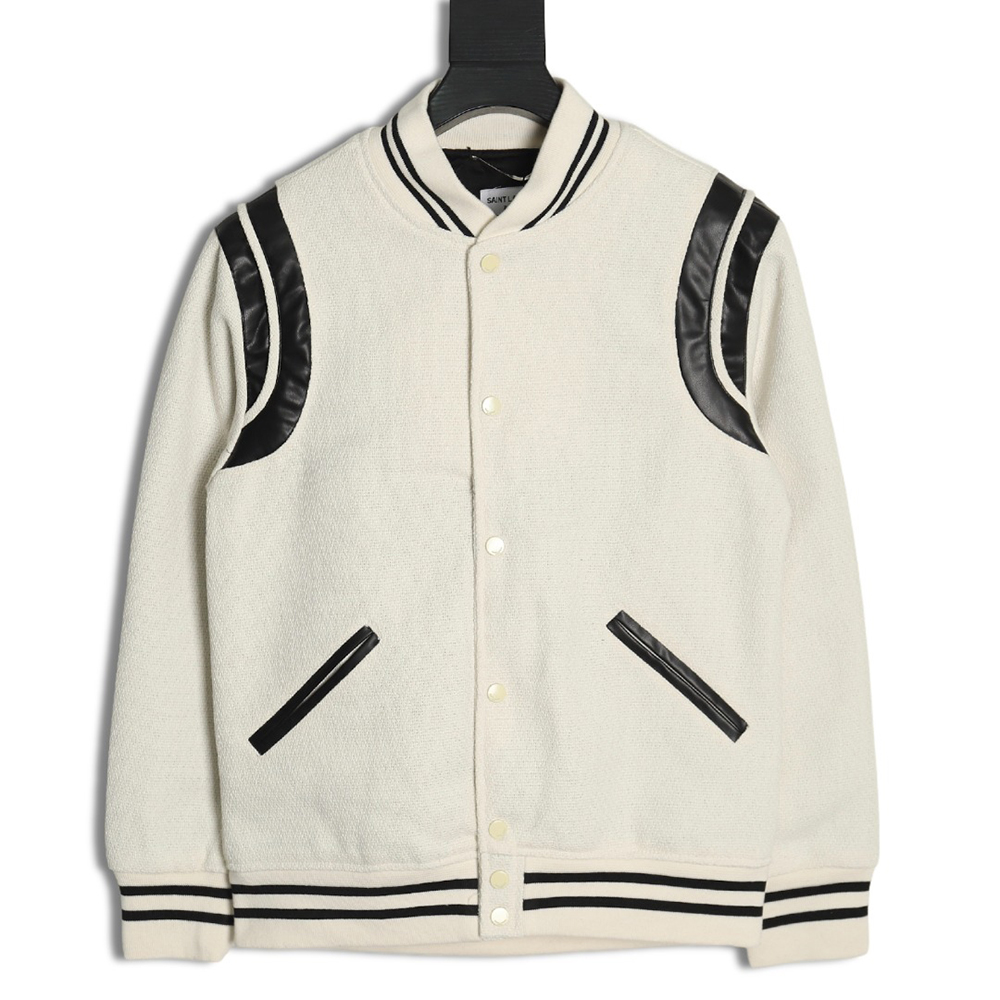 Saint Laurent Paris black and white leather baseball collar jacket