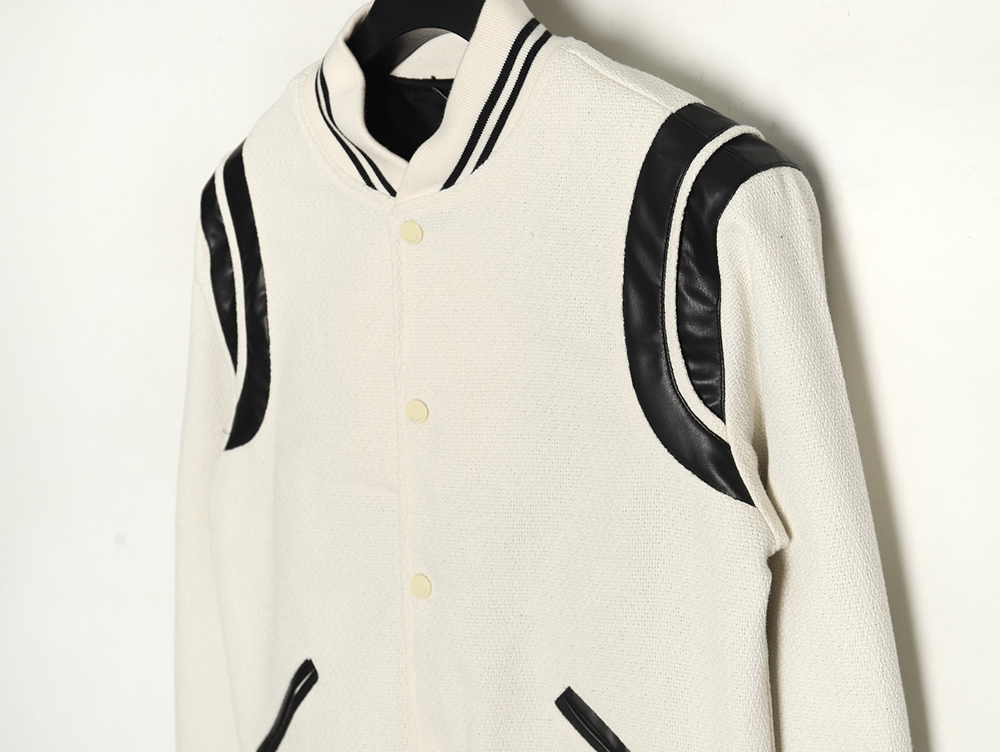 Saint Laurent Paris black and white leather baseball collar jacket