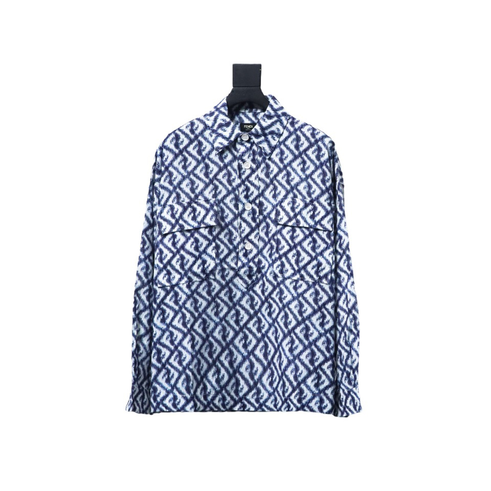 Fendi blue double FF full print colorblock long sleeve shirt