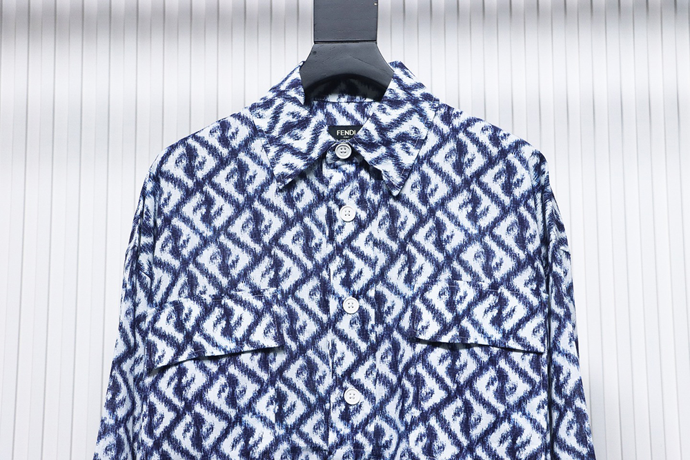 Fendi blue double FF full print colorblock long sleeve shirt