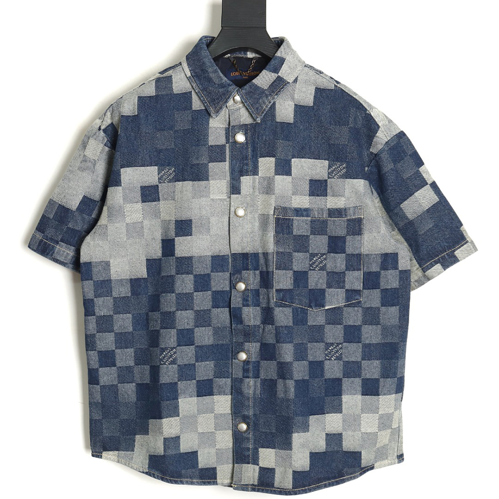 Louis Vuitton Blurred Checkerboard Denim Short Sleeve Jacket S-XL