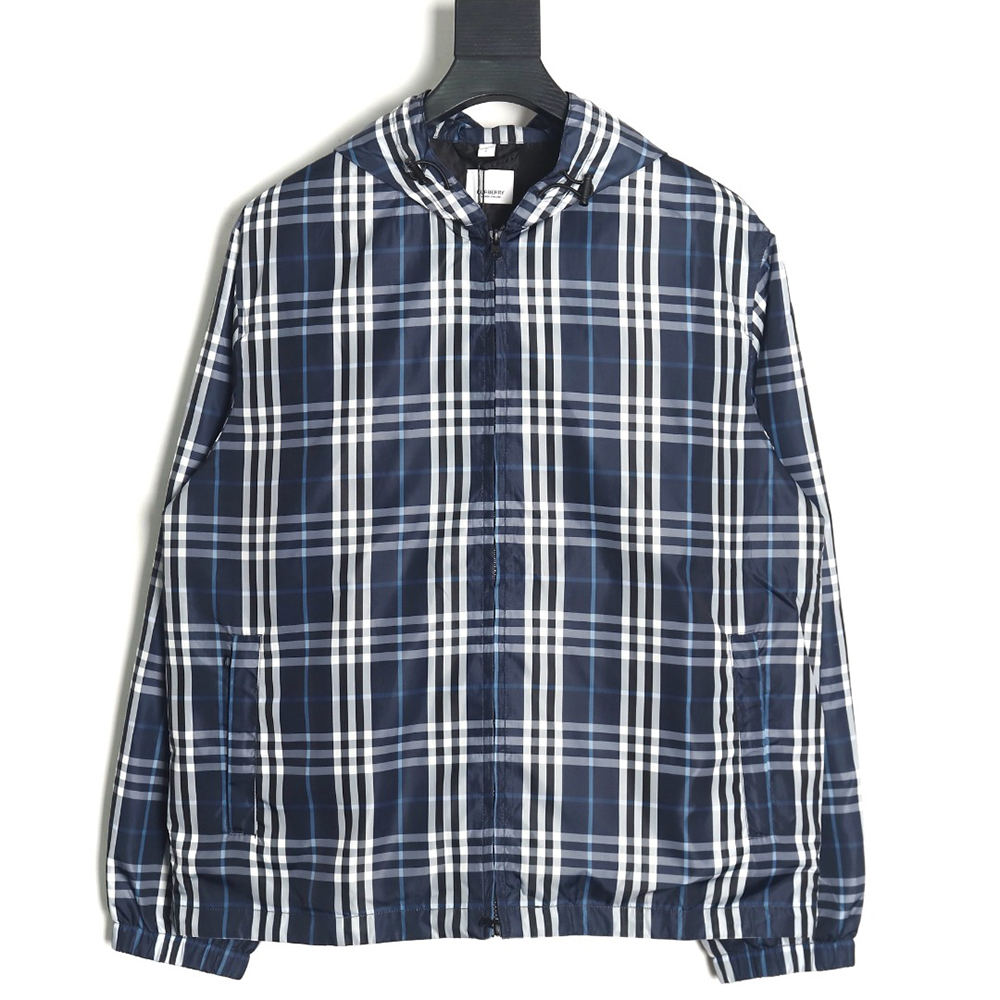 Burberry Blue and White Check Hooded Jacket