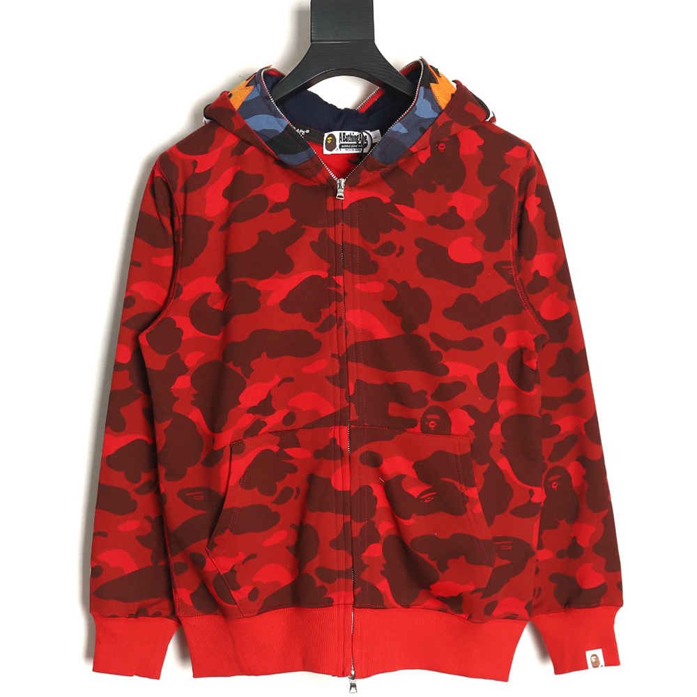 Bape shark head tiger head zipper camouflage double hoodie TSK1
