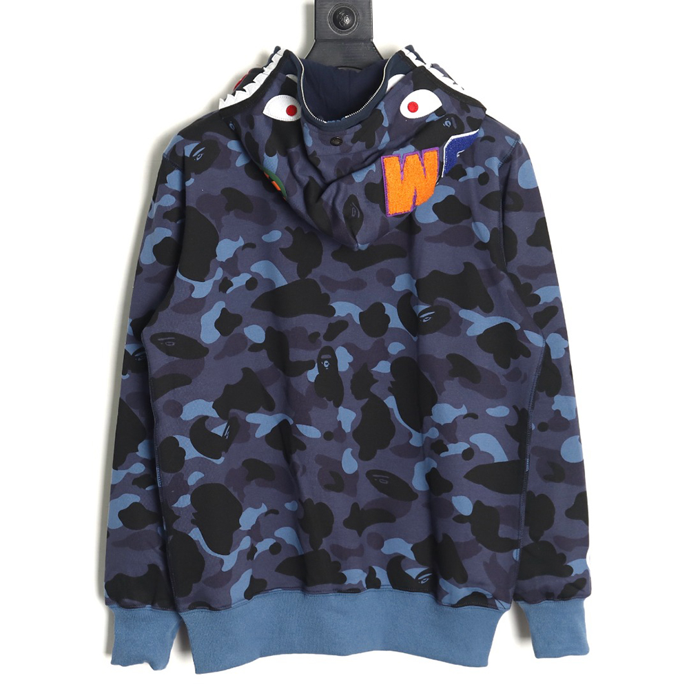 Bape shark head tiger head zipper camouflage double hoodie TSK3