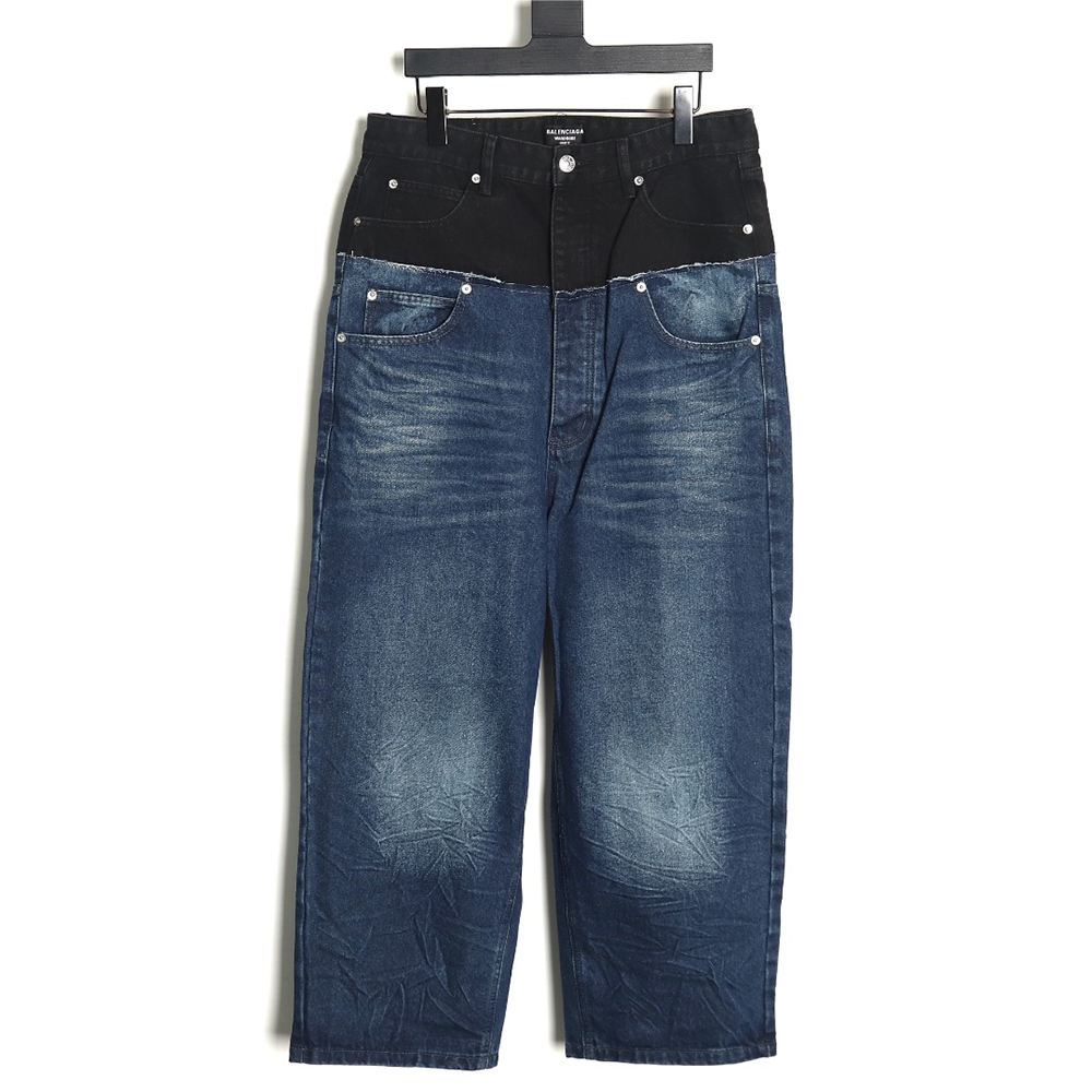 Balenciaga black and blue patchwork ripped denim trousers