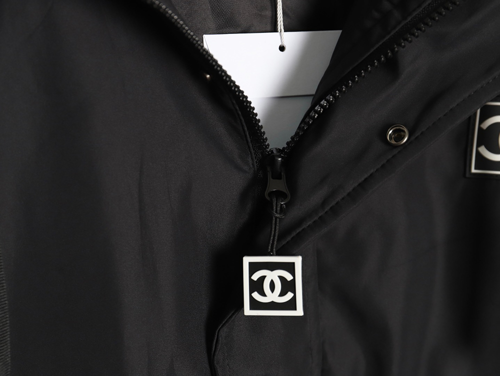 Chanel Embroidered Slogan Vintage Zipper Hooded Trench Coat