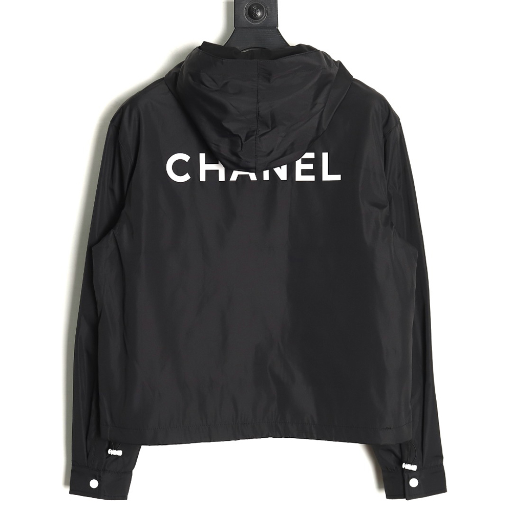 Chanel Embroidered Slogan Vintage Zipper Hooded Trench Coat