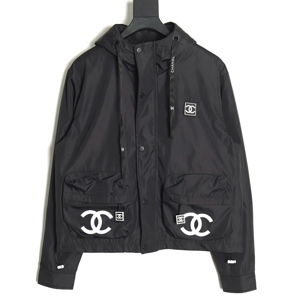 Chanel Embroidered Slogan Vintage Zipper Hooded Trench Coat
