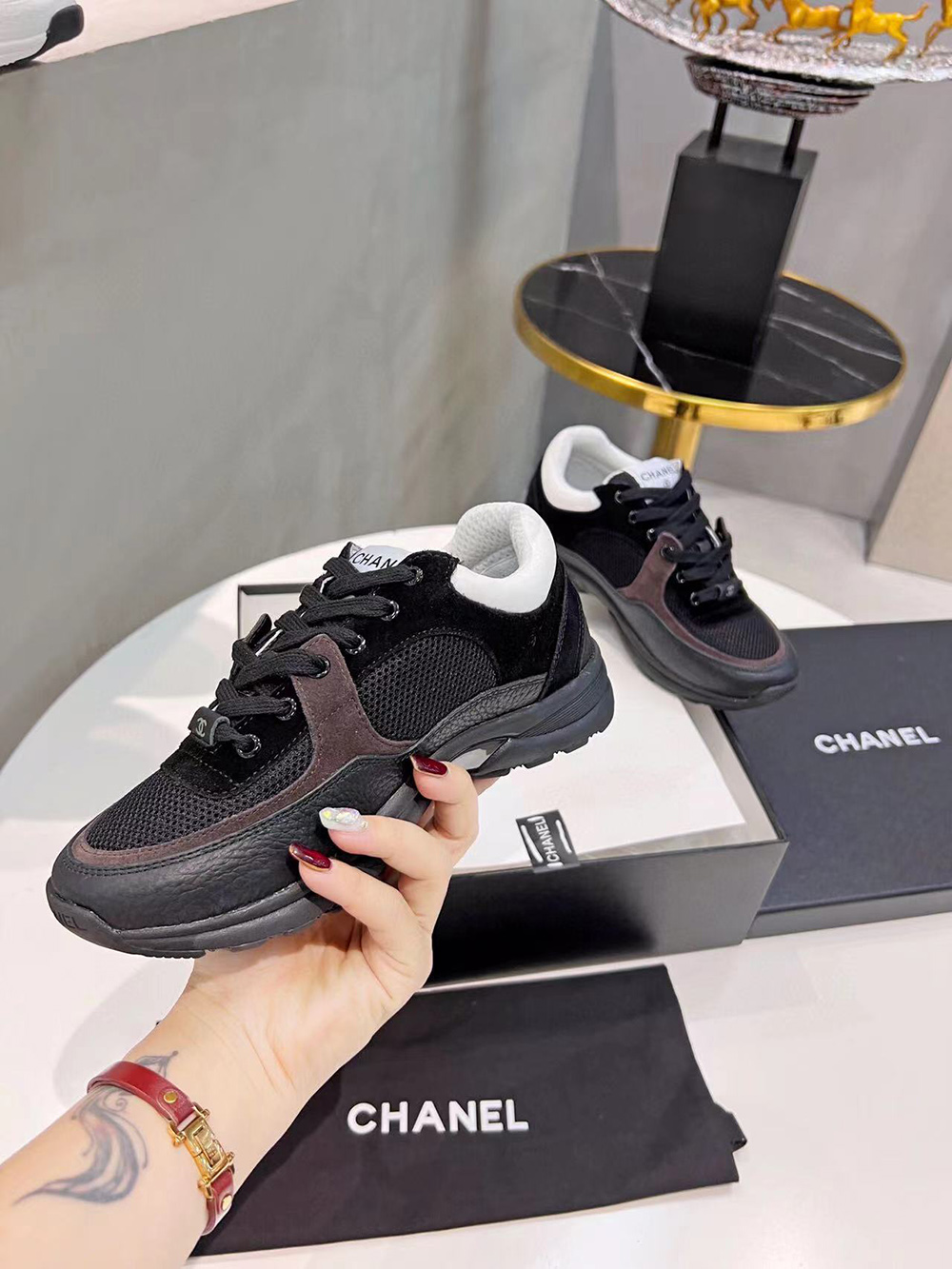 Chanel CC Low-Top Sneakers Black & White