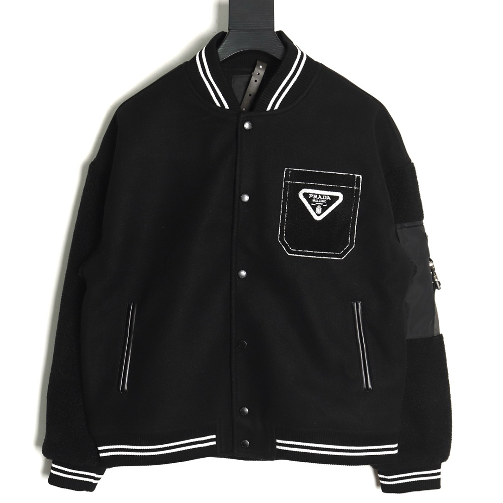 Prada lambswool patchwork baseball jacket