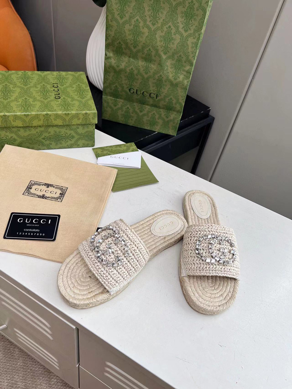 Gucci Cora crystal-embellished raffia espadrille sandals