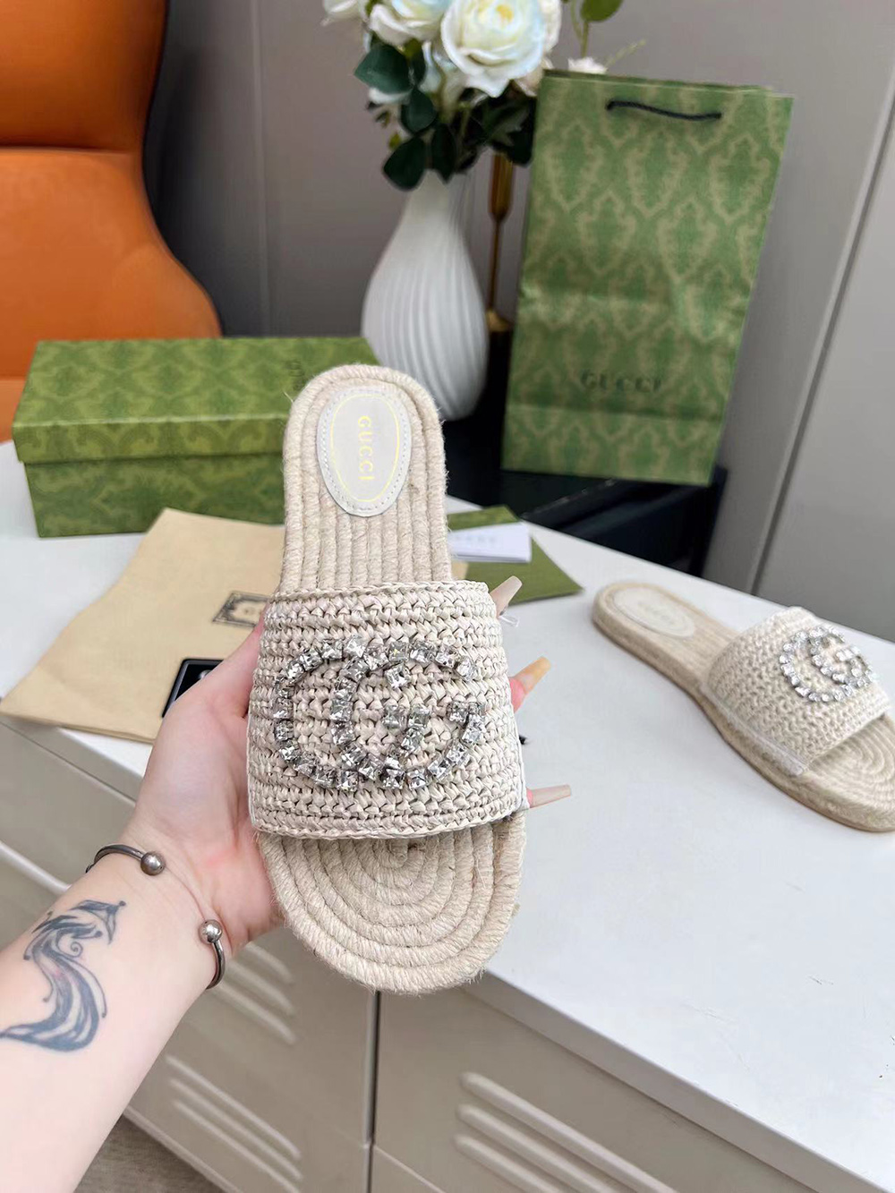 Gucci Cora crystal-embellished raffia espadrille sandals