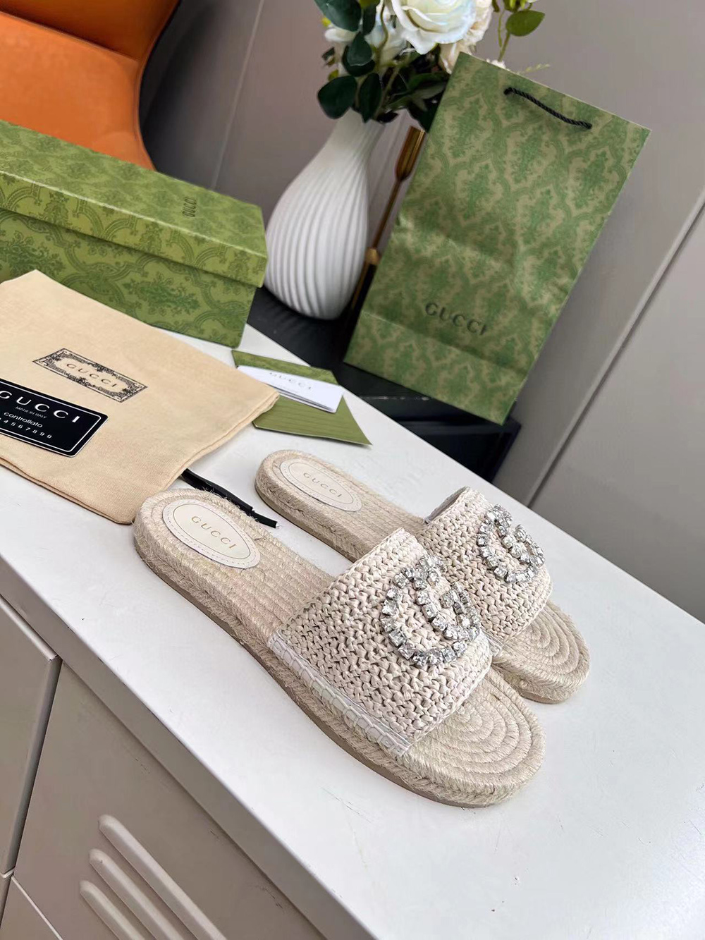 Gucci Cora crystal-embellished raffia espadrille sandals