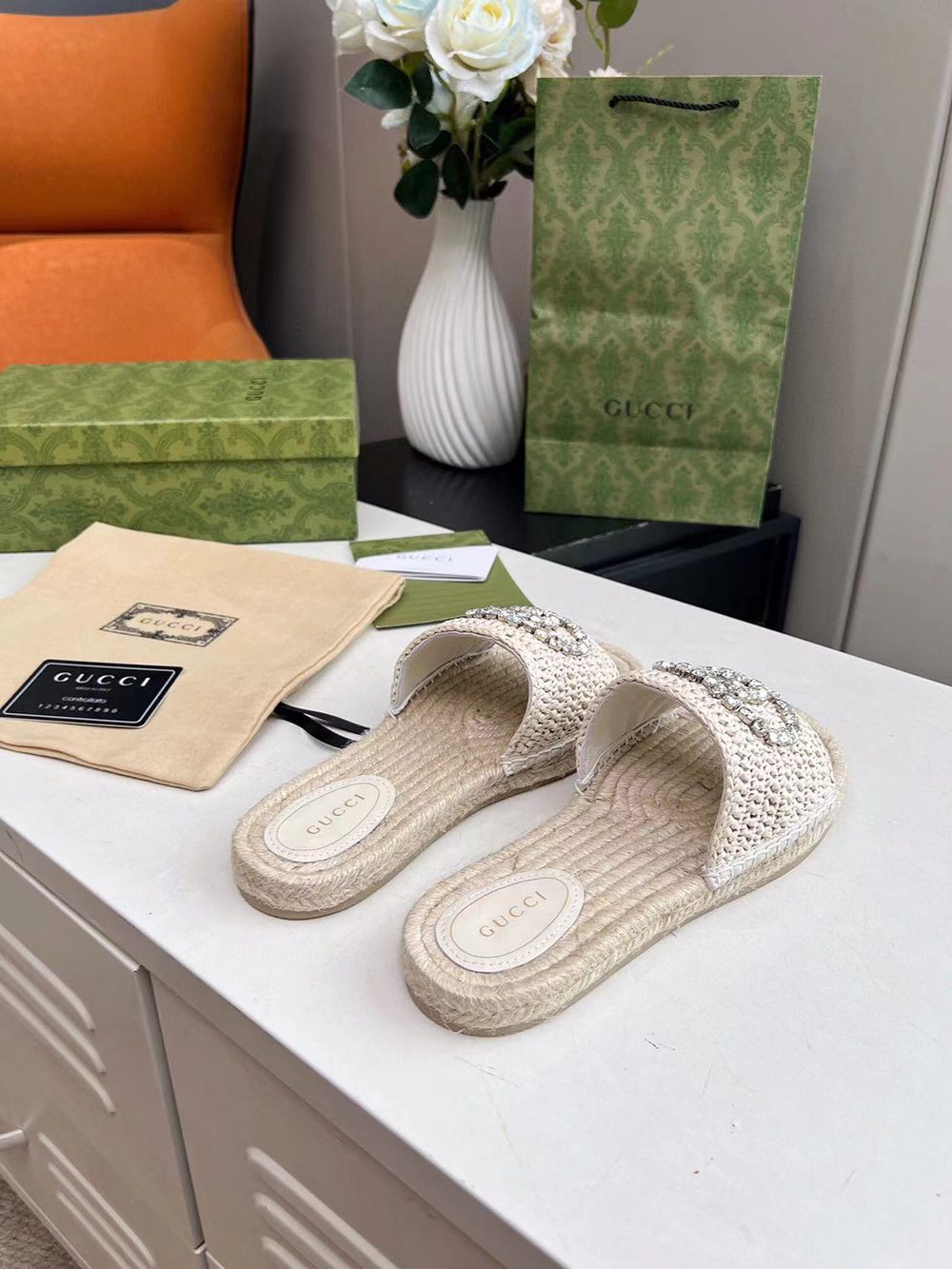 Gucci Cora crystal-embellished raffia espadrille sandals