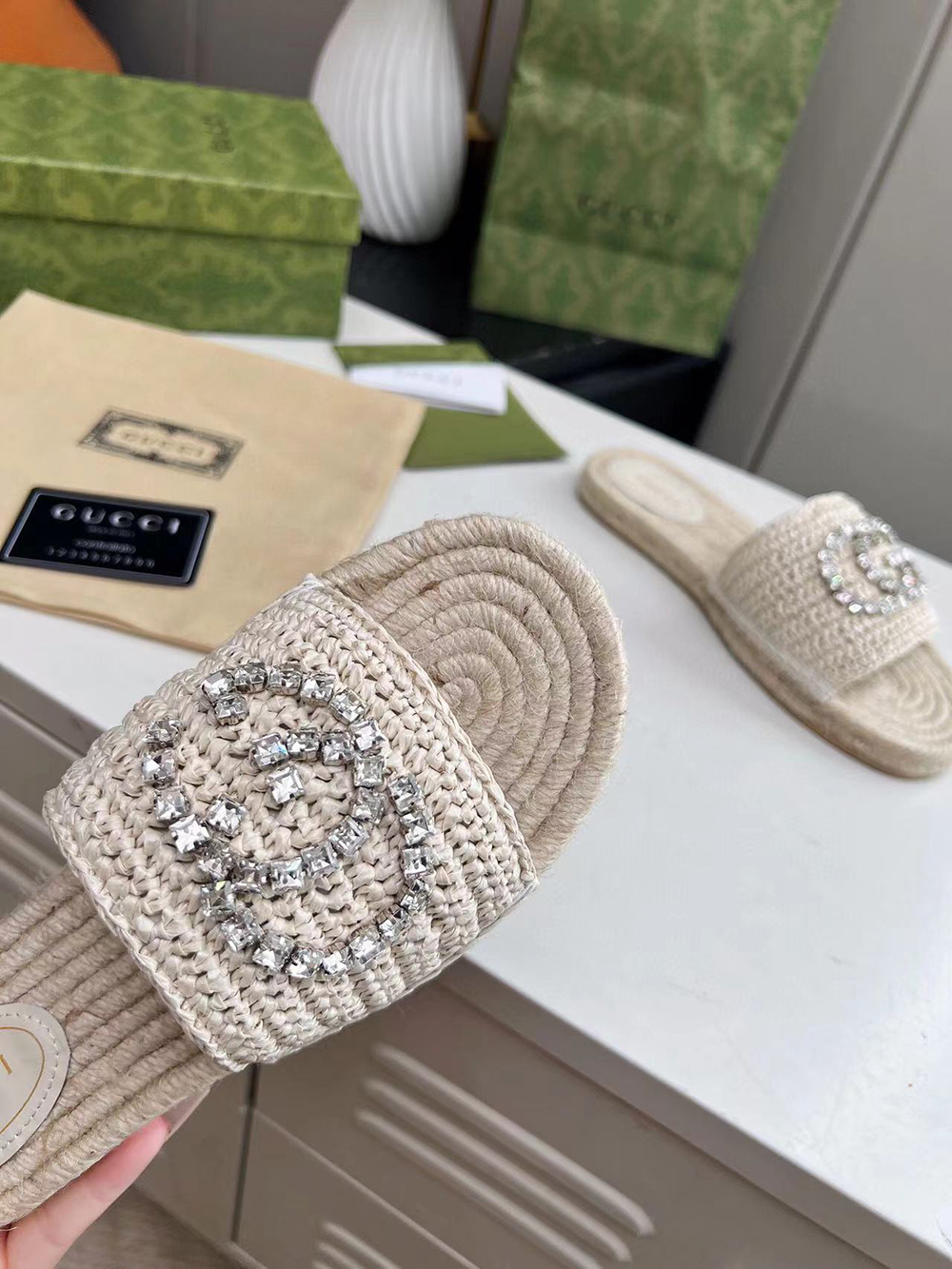 Gucci Cora crystal-embellished raffia espadrille sandals