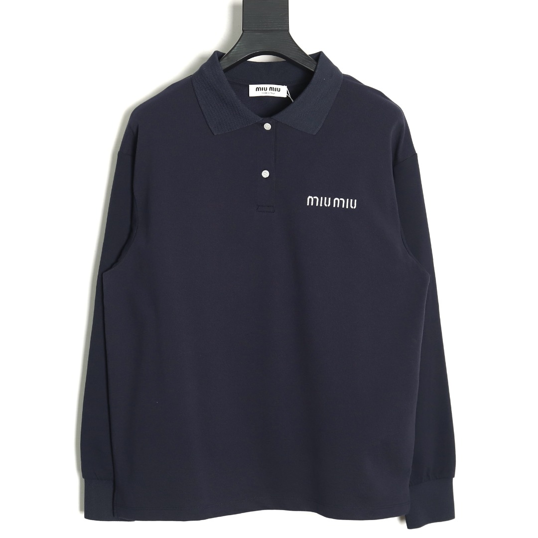Miu Miu Lettering Embroidered Lapel Long Sleeve T-Shirt