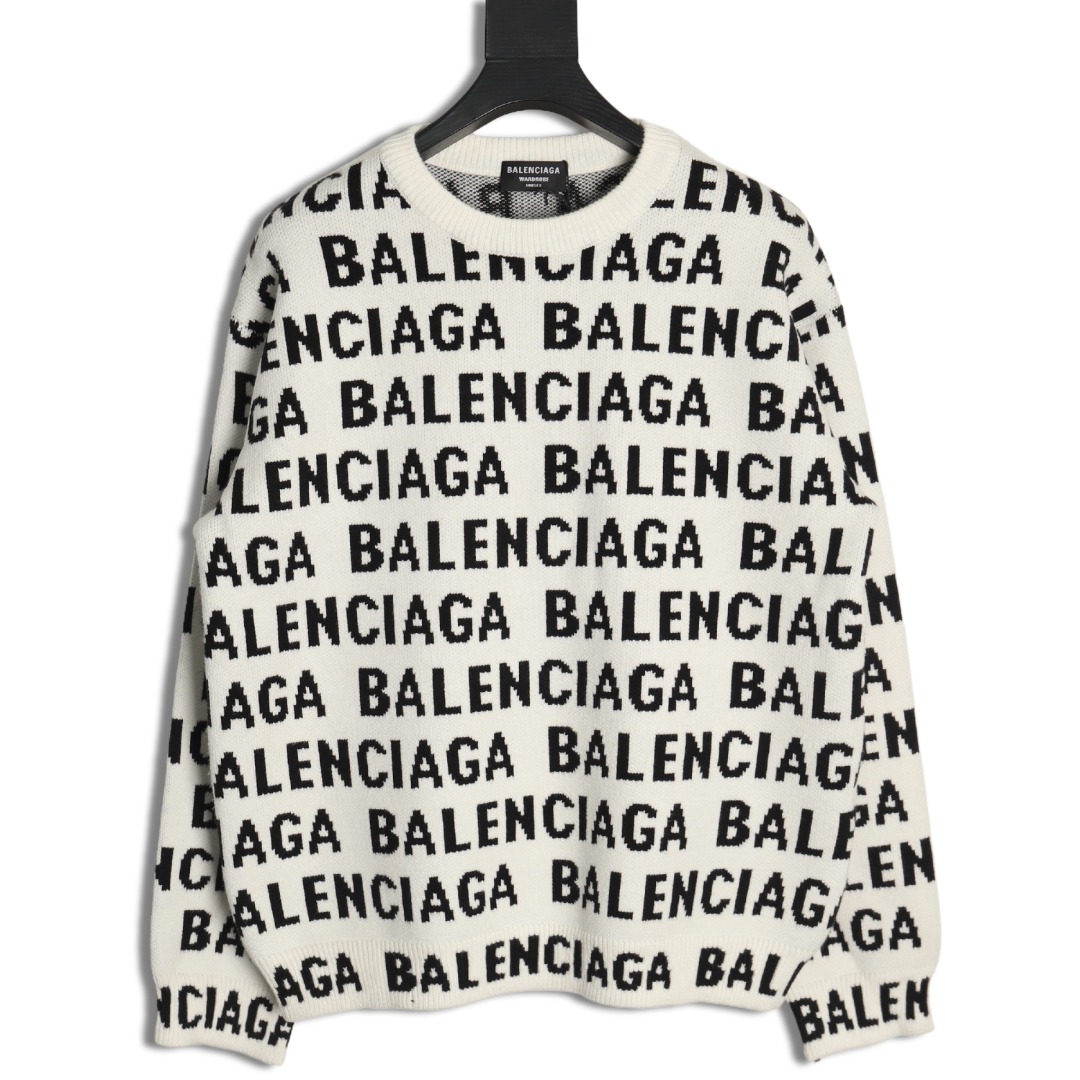 Balenciaga jacquard full print bullet screen letter round neck sweater