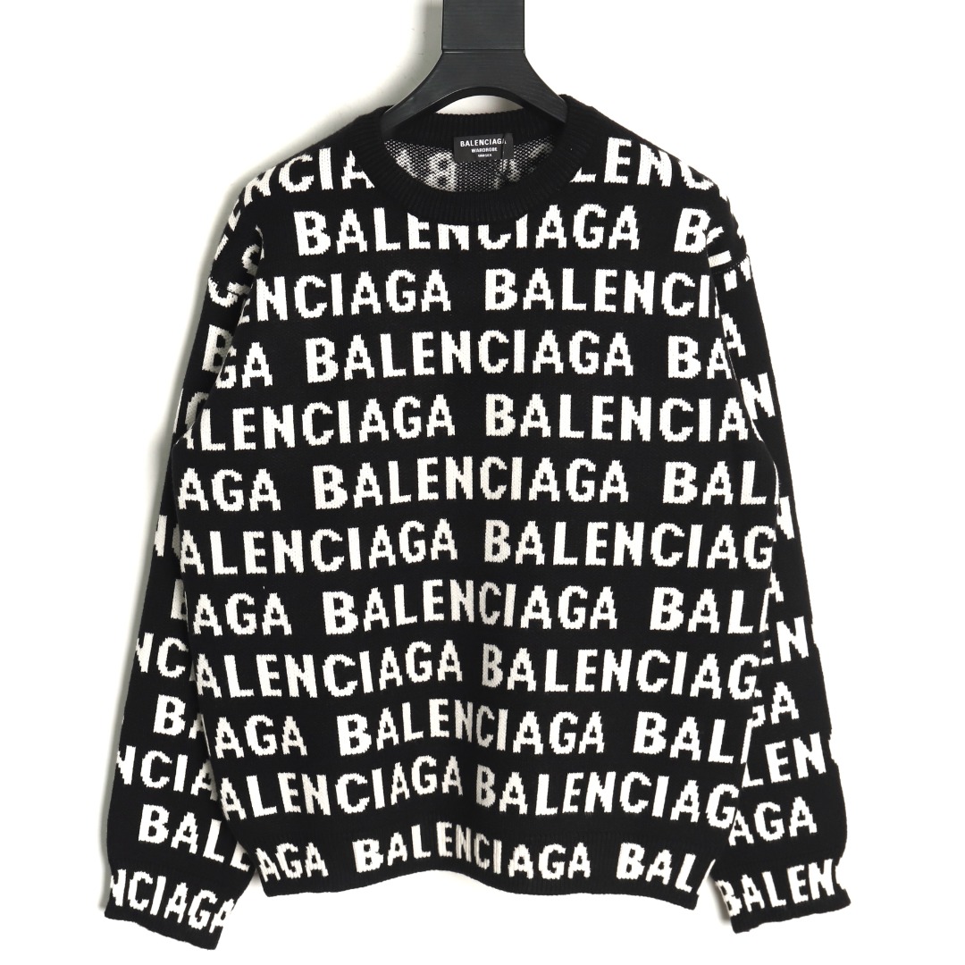 Balenciaga jacquard full print bullet screen letter round neck sweater TSK1