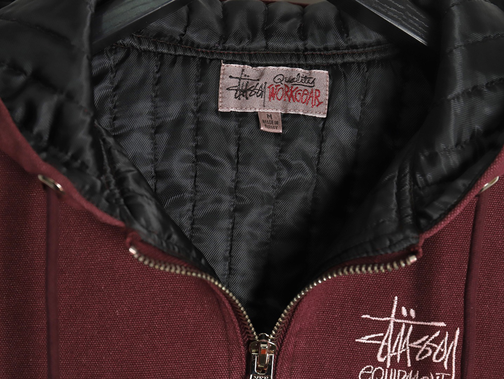 Stussy distressed letters embroidery black 8 hooded cotton coat